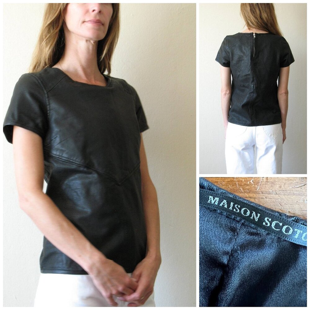 Leather Tee Shirt Maison Scoth Soda XS 1 perforated black real leather